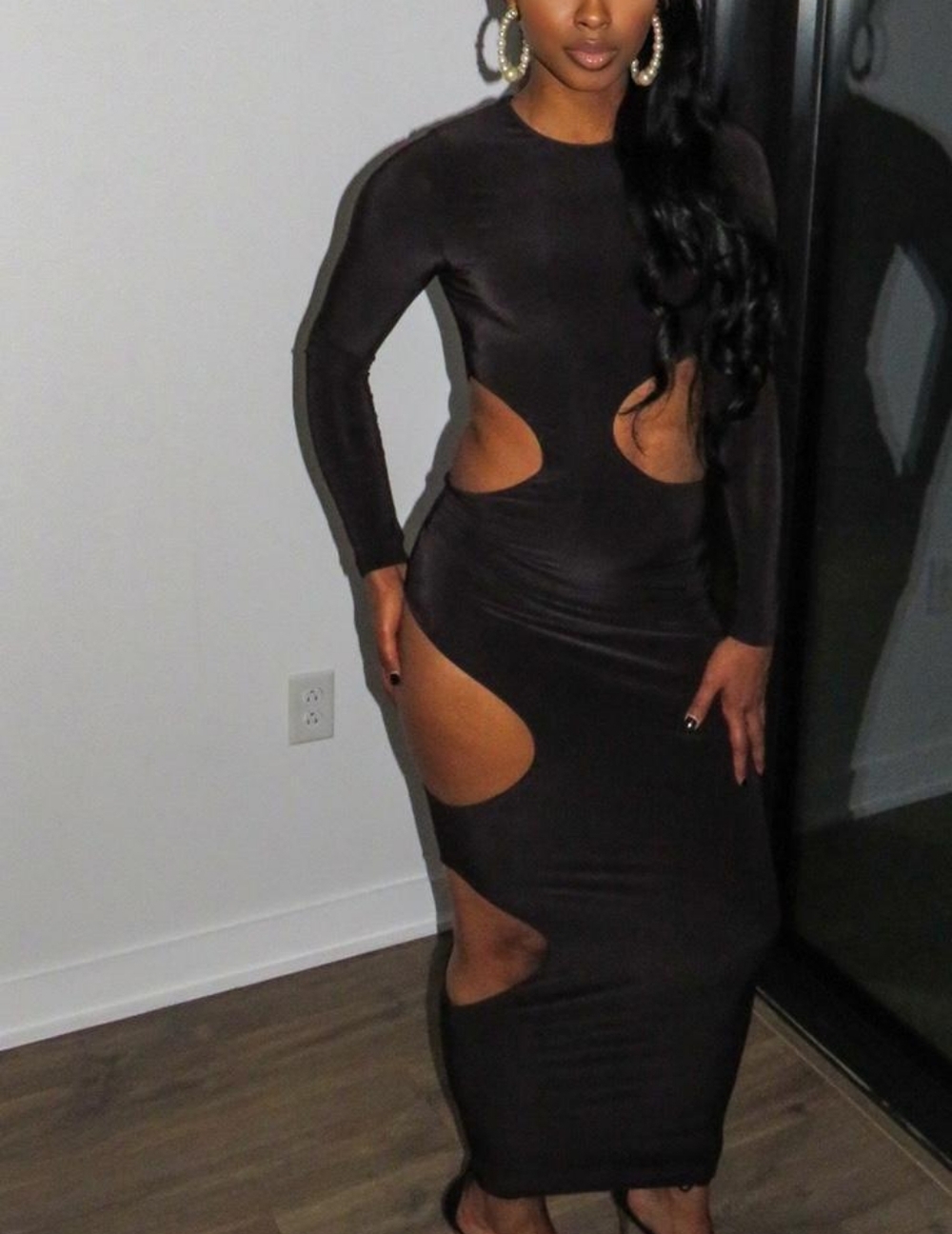 Akira Full Length Long Sleeve Black Maxi Dress - Bodycon Keyhole Side Cut-Outs - Picture 8 of 9